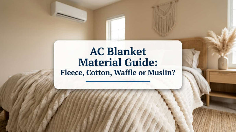 Cream ribbed fleece AC blanket on a bed, showing its texture