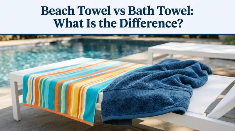 Striped beach towel next to a blue bath towel by a pool