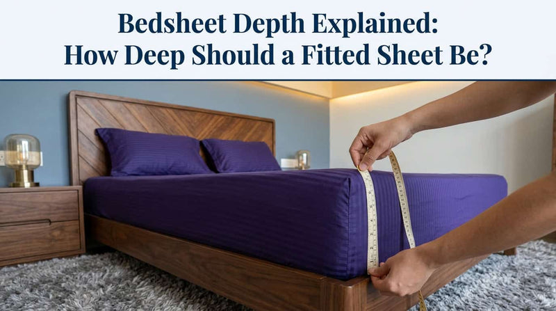 Measuring tape checking the depth of a purple fitted bedsheet on a mattress