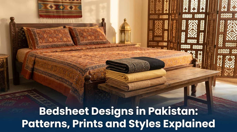 Printed patterned bedsheet on a wooden bed in a traditional bedroom