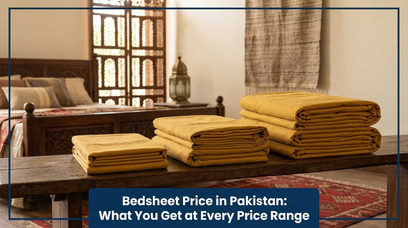 Stacks of folded mustard and camel bedsheets on a bed