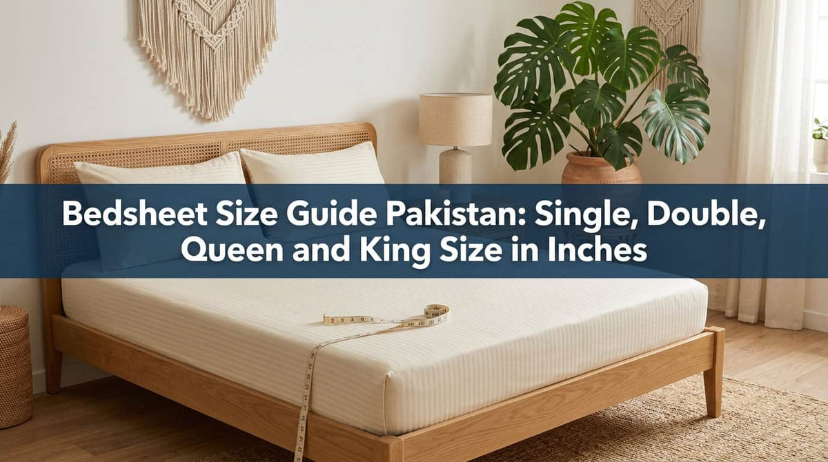 Cream fitted bedsheet on a wooden king size bed, for a bedsheet size guide