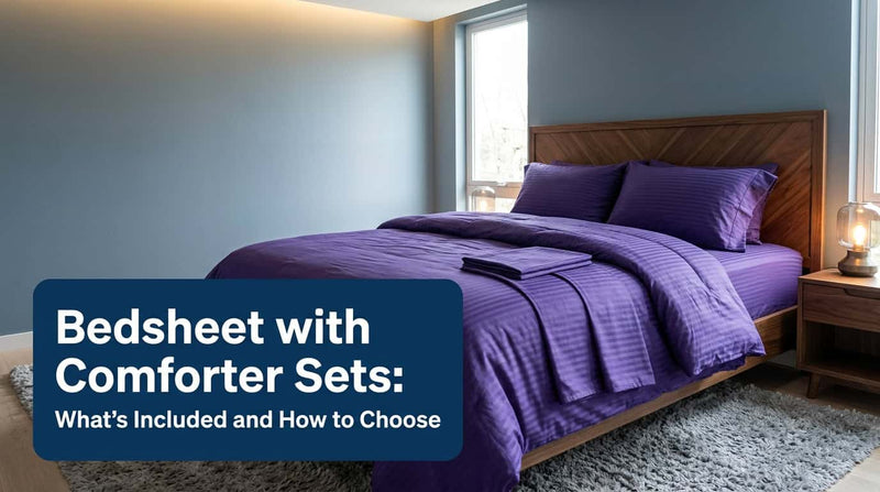 Purple bedsheet and comforter set on a bed