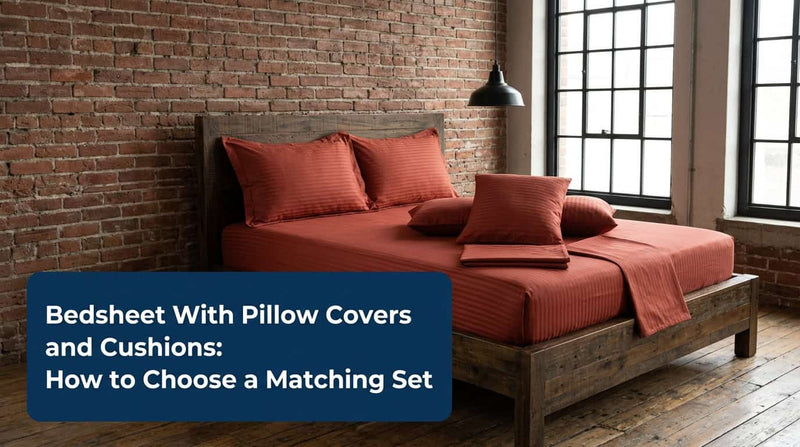 Rust red bedsheet with matching pillow covers and cushions