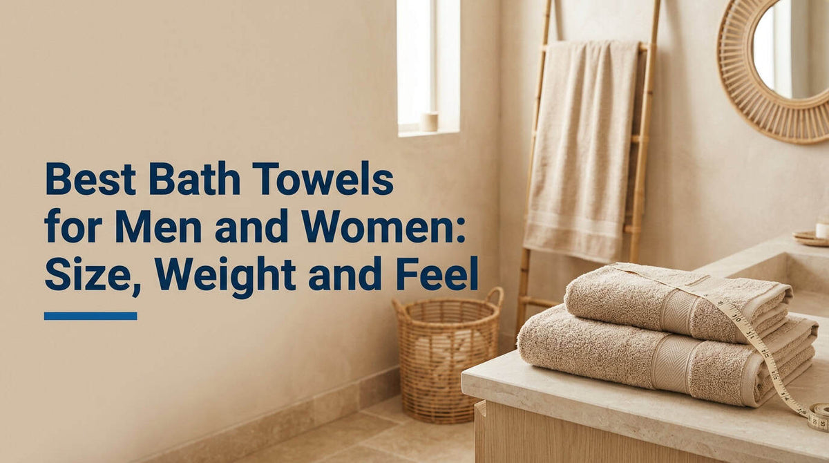 Folded cream cotton bath towels on a bathroom shelf
