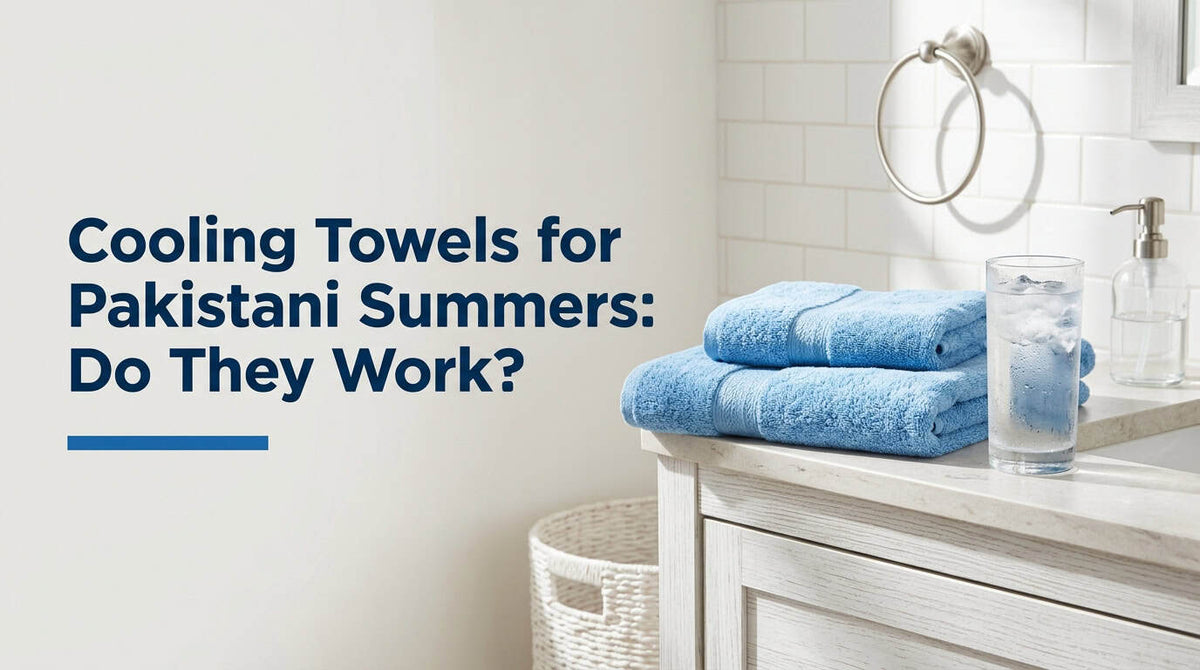 Sky blue towel hanging in a bright bathroom