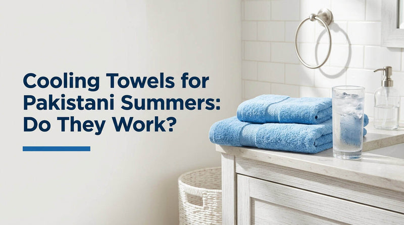 Sky blue towel hanging in a bright bathroom