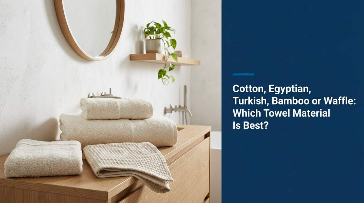 Folded beige towels in different materials on a bathroom shelf