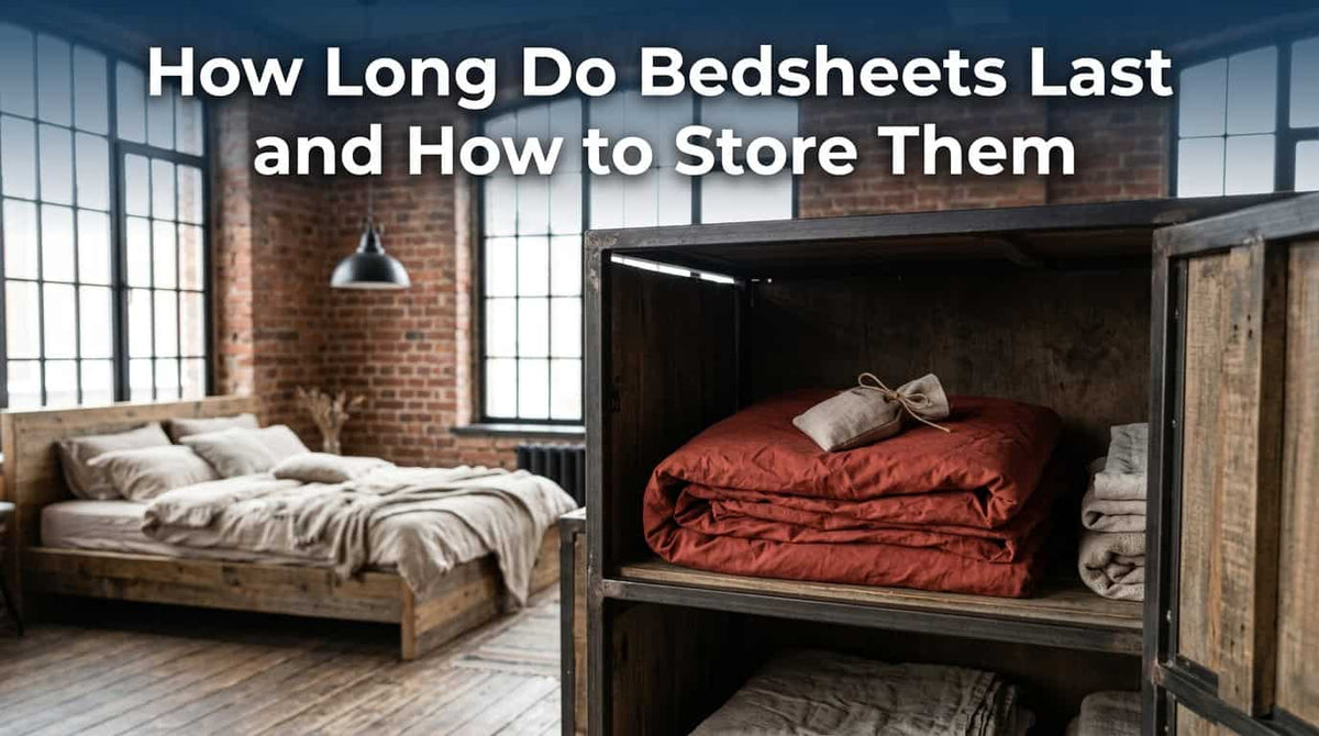 Folded bedsheets stored on shelves beside a bed