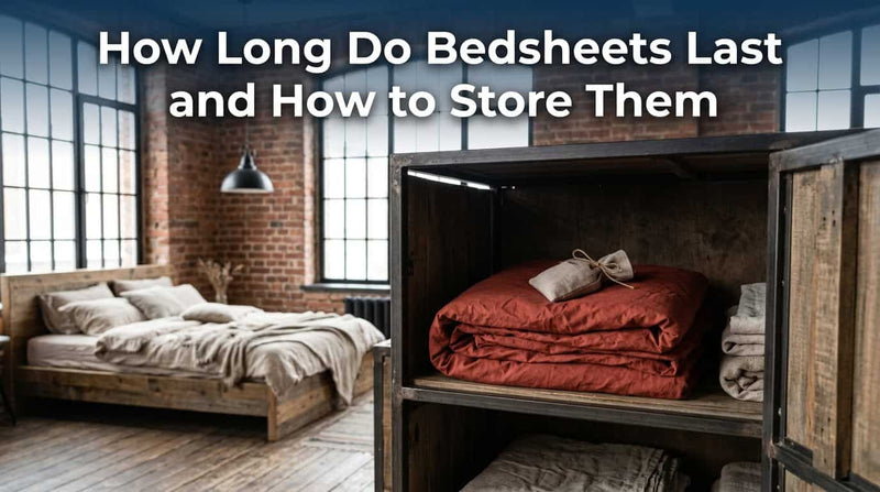 Folded bedsheets stored on shelves beside a bed