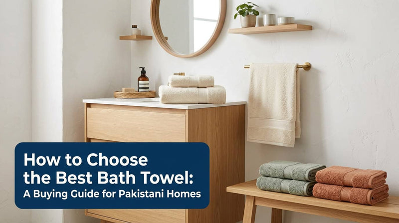 Folded bath towels on a wooden bathroom shelf