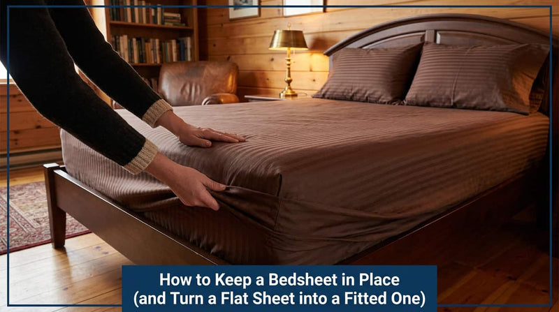 Hands tucking a brown fitted bedsheet under a mattress corner