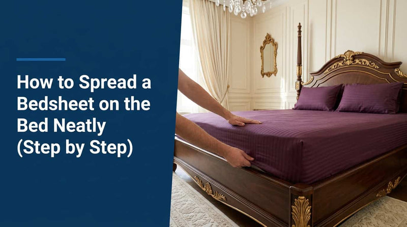 Hands smoothing a purple fitted bedsheet over a mattress corner