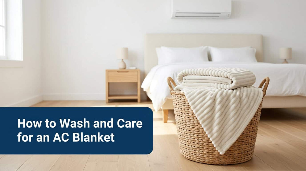 Off-white ribbed AC blanket folded in a laundry basket