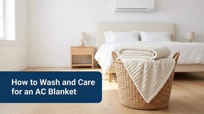 Off-white ribbed AC blanket folded in a laundry basket