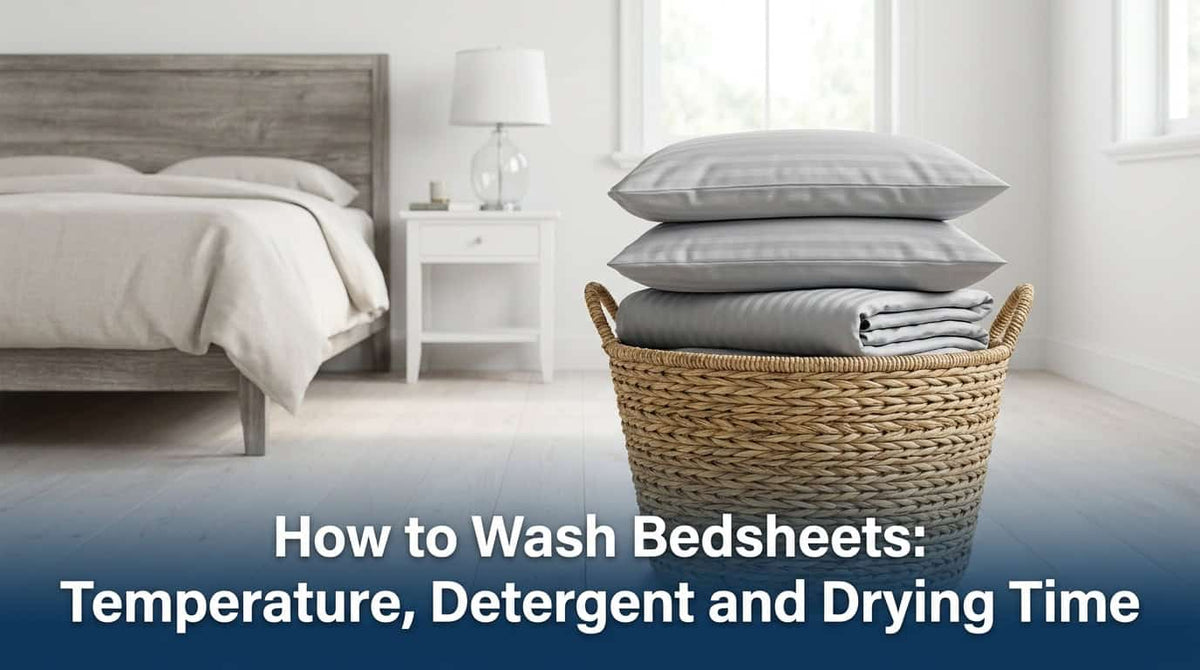 Grey bedsheets and pillow covers in a laundry basket ready to wash