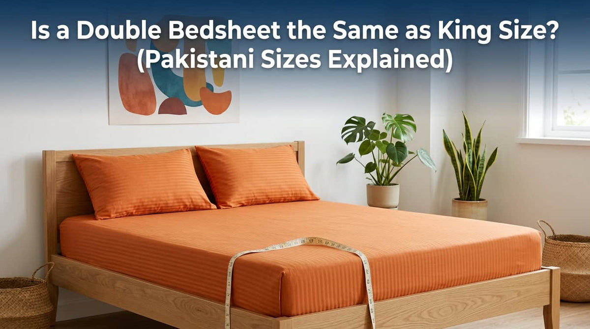 Orange fitted bedsheet on a wooden double bed with matching pillow covers