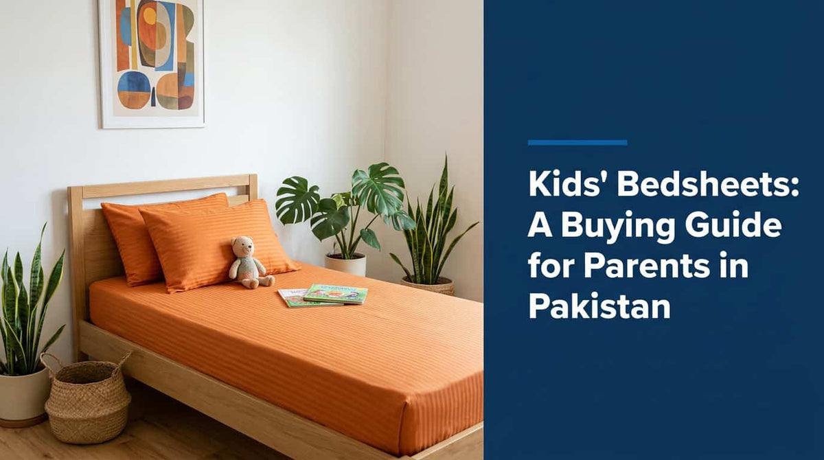 Orange bedsheet on a child's bed in a bright bedroom