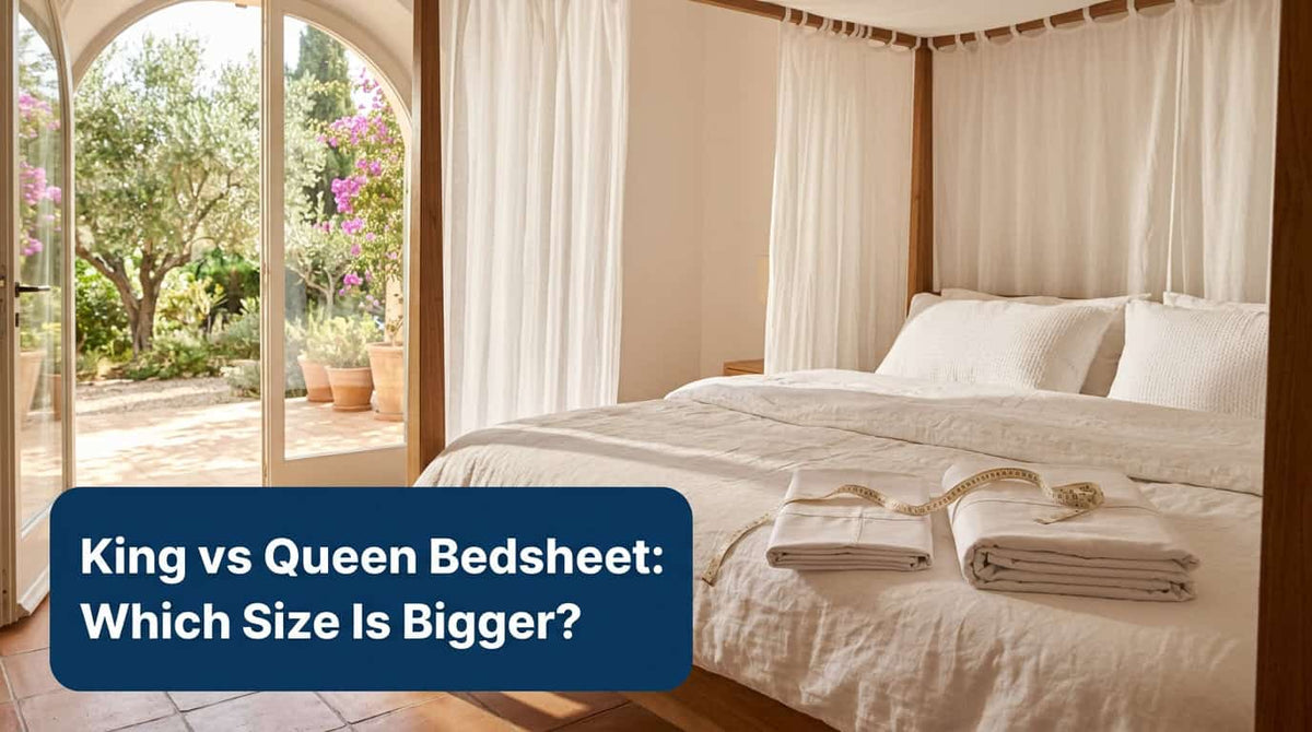 Cream bedsheet on a large bed with a canopy, comparing king and queen sizes