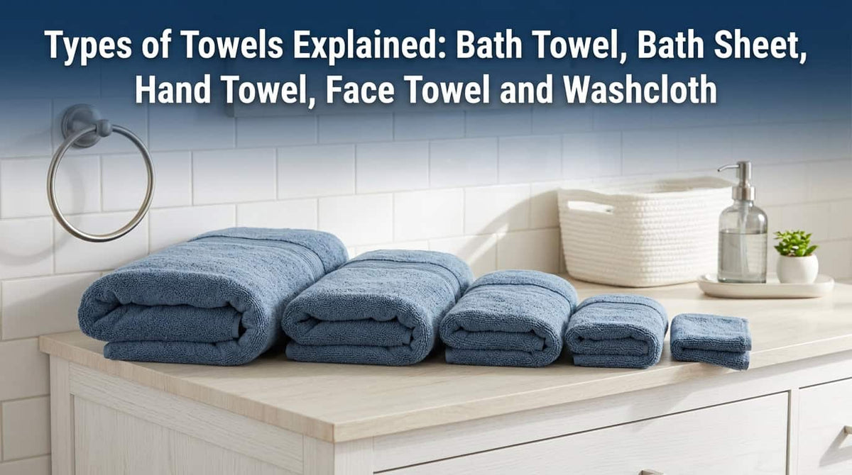 Sky blue towels in different sizes stacked from bath towel to washcloth