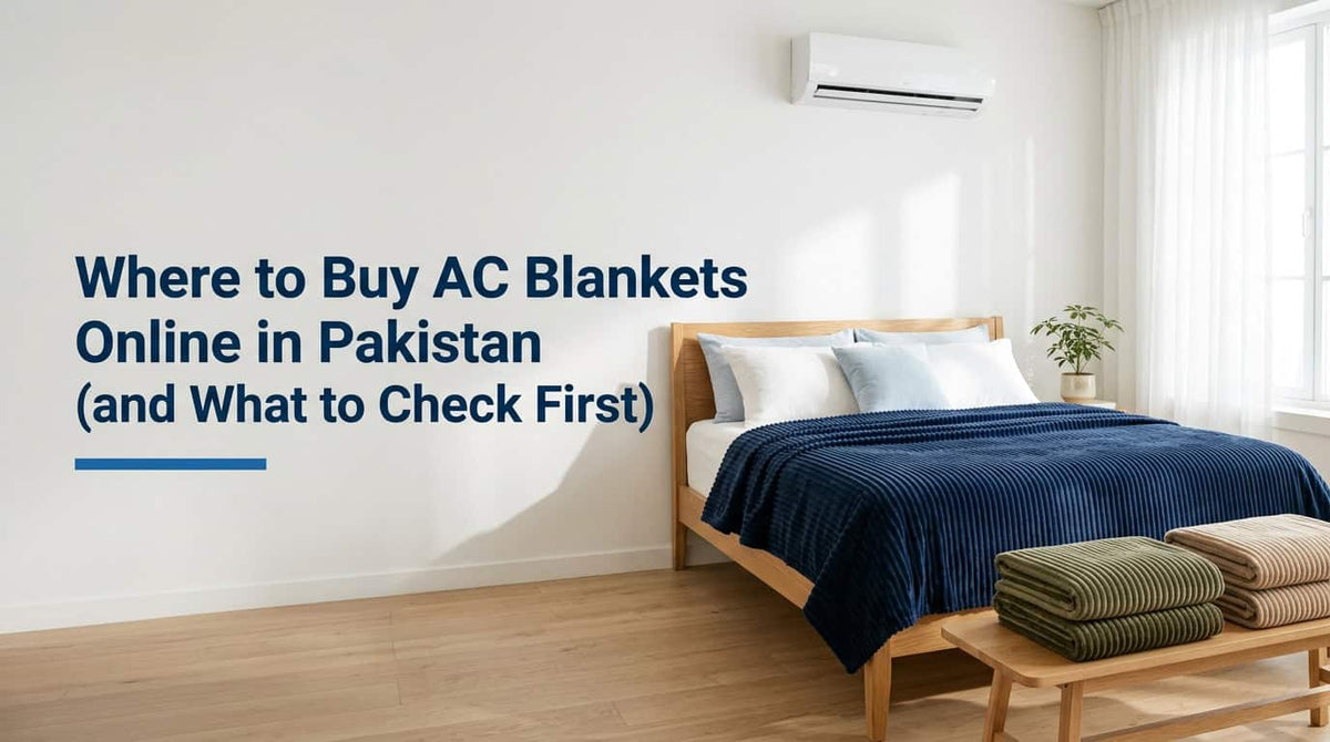 Navy blue AC blanket on a bed in an air-conditioned bedroom
