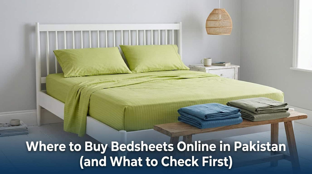 Lime green bedsheet on a bed with a stack of folded sheets