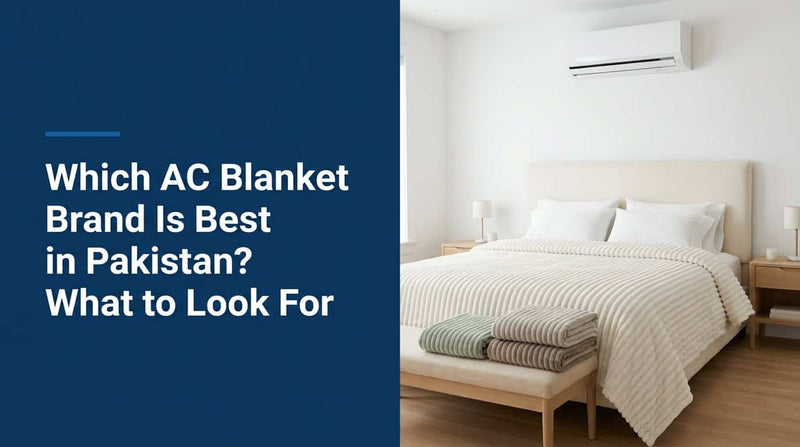 Off-white ribbed fleece AC blanket on a bed in an air-conditioned room
