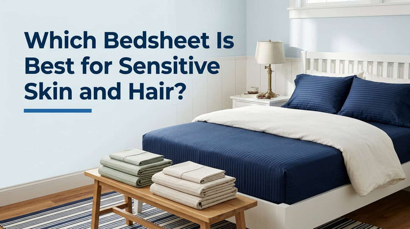 Navy blue bedsheet on a bed with folded soft cotton sheets