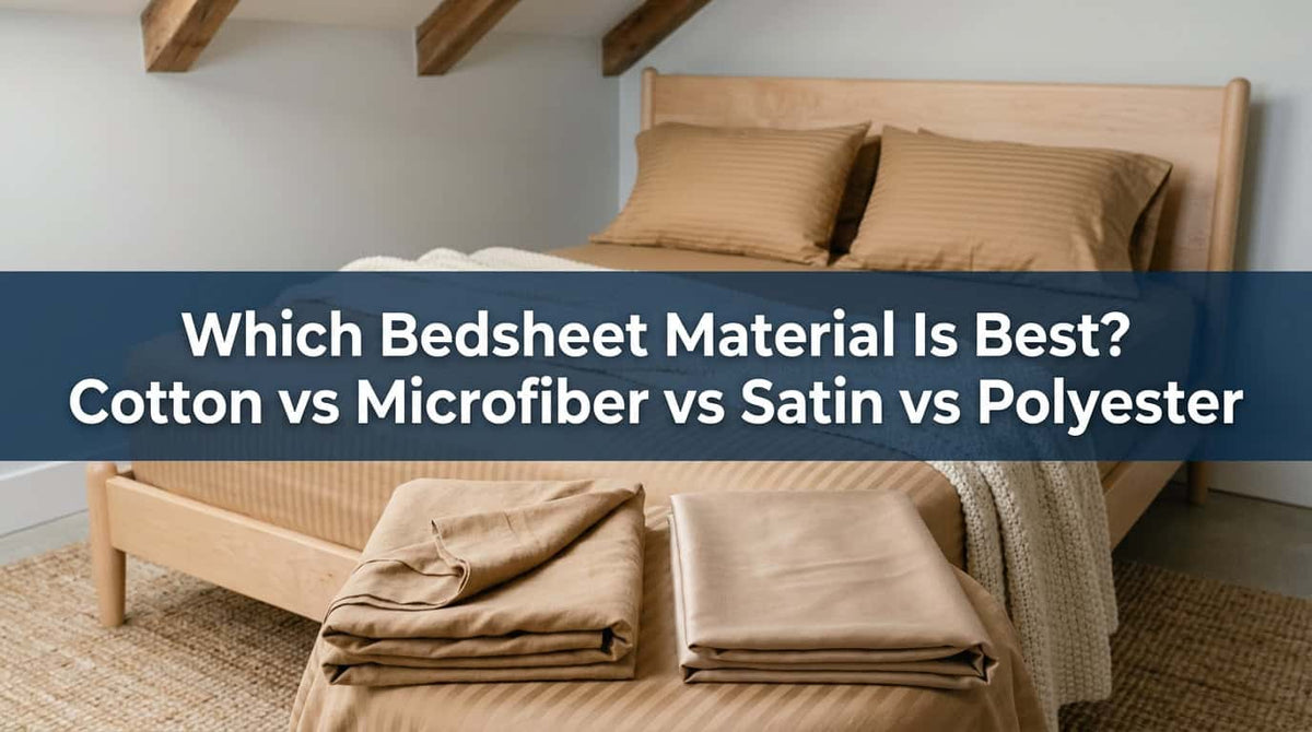 Folded camel and beige bedsheet fabrics on a bed, comparing materials