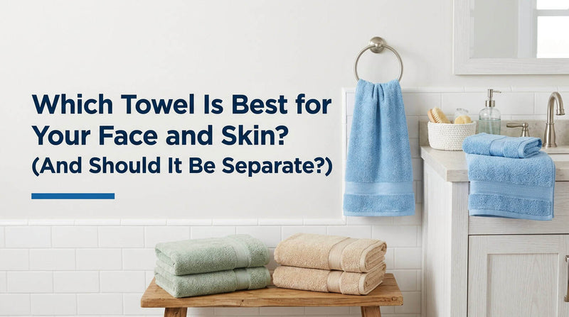 Sky blue face towel hanging above folded towels
