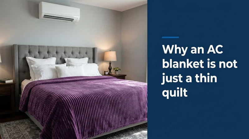 Purple ribbed fleece AC blanket on a bed in an air-conditioned bedroom