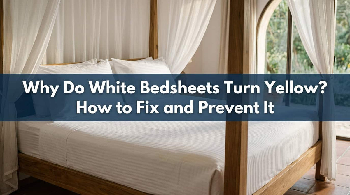 White cotton bedsheet on a bed beside sheer curtains, for a guide on fixing yellowed sheets
