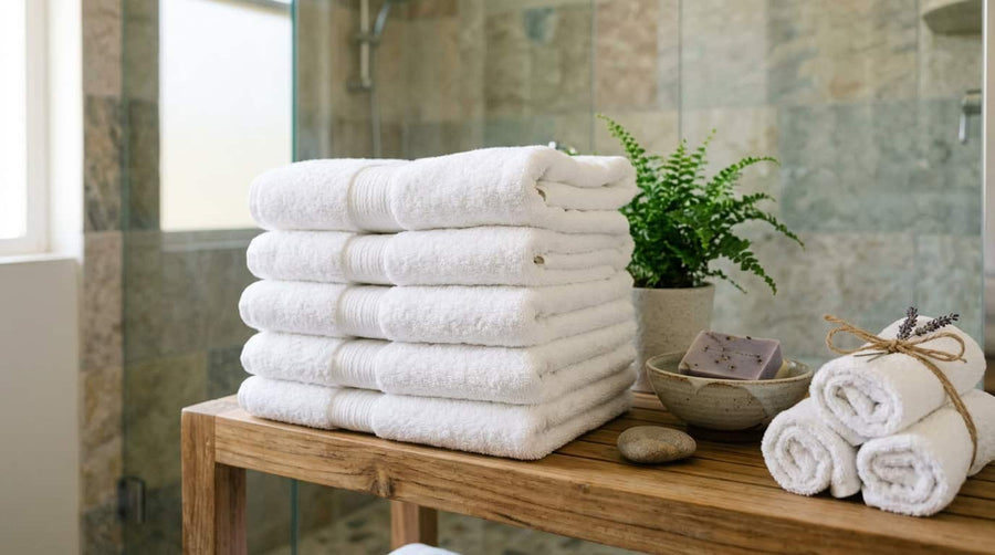 Stack of folded cotton bath towels on a wooden bench in a bathroom