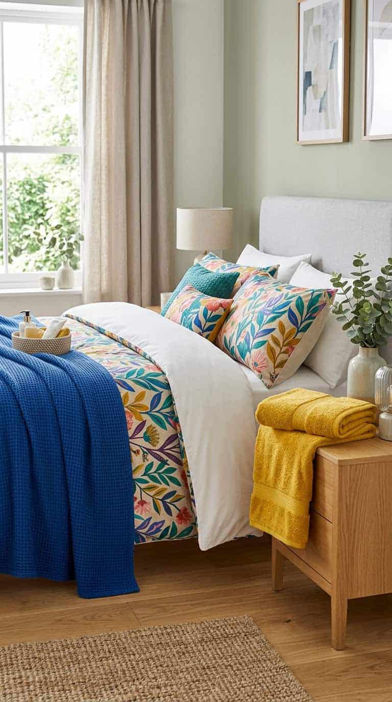 Bed with a colourful leaf-print bedsheet, blue throw and mustard blanket in a bright bedroom