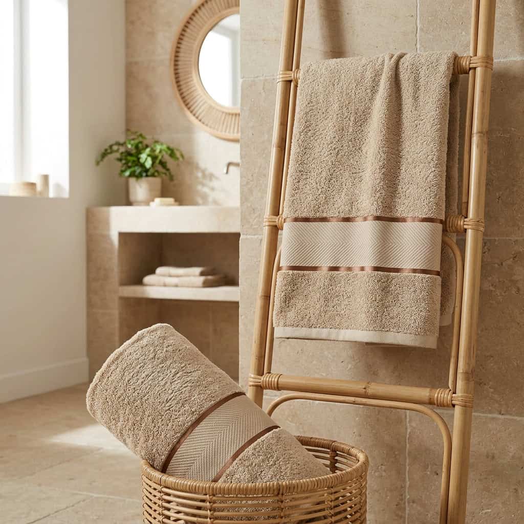 Beige cotton bath towels hanging in a bathroom, Home Living 2 piece towel set