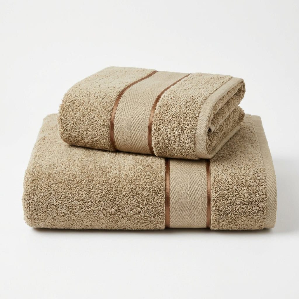 Beige large (30 x 90) and medium (30 x 60) cotton towels folded and stacked