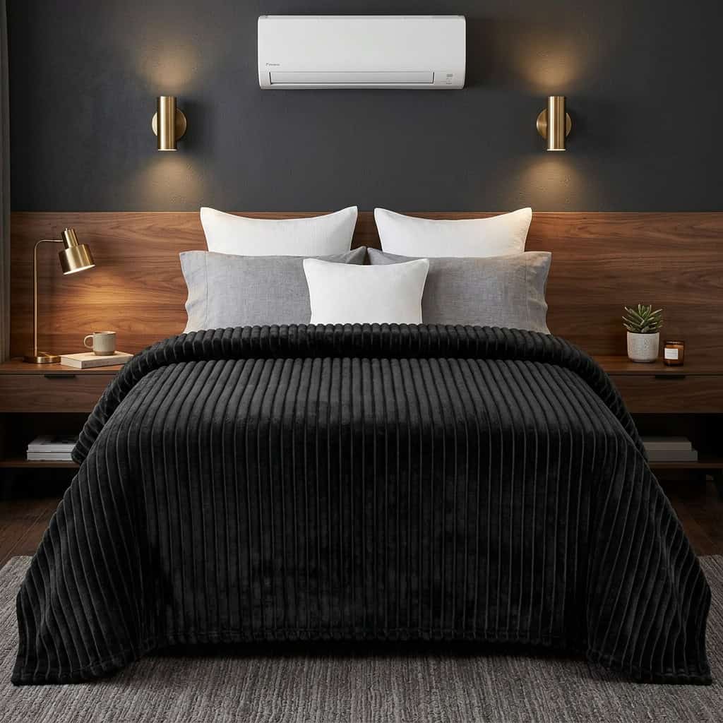 Black ribbed fleece AC blanket covering a double bed, 200 x 240 cm