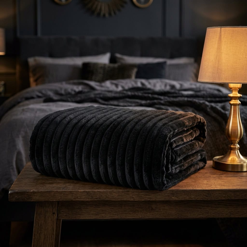 Black ribbed fleece AC blanket folded at the foot of a bed