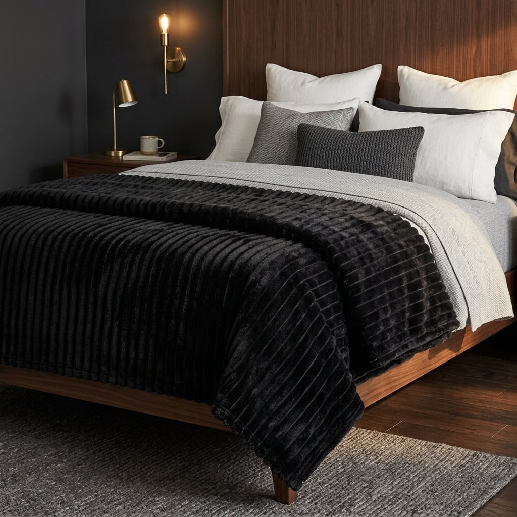 Black AC blanket turned back on a made bed, showing its soft ribs