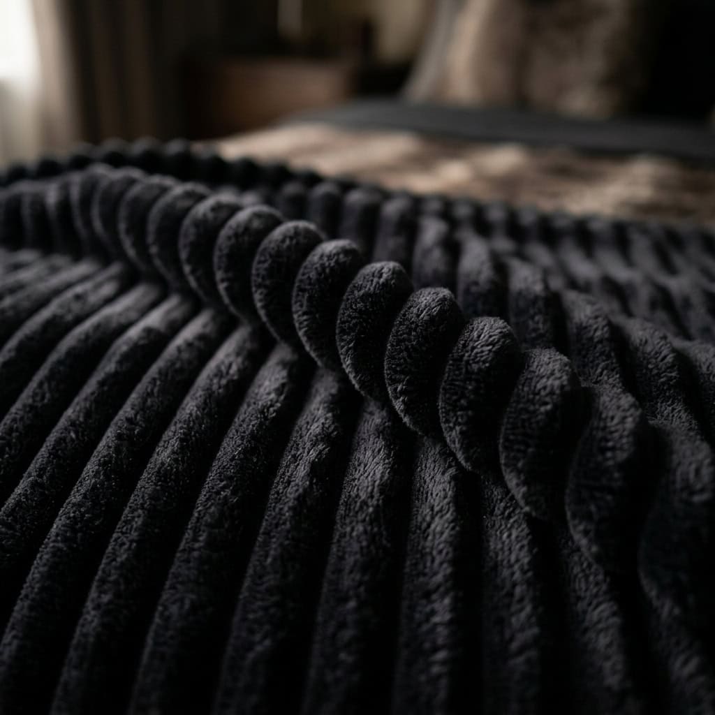 Close-up of the ribbed fleece texture of a black AC blanket