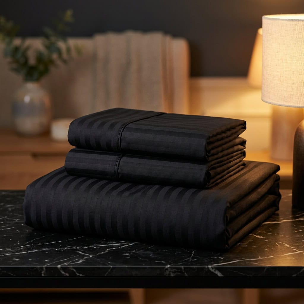Folded black bedsheet set: fitted sheet and 2 pillow covers