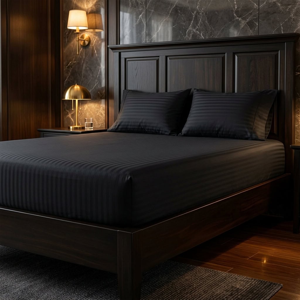 Black king size fitted bedsheet set on a bed, angled view
