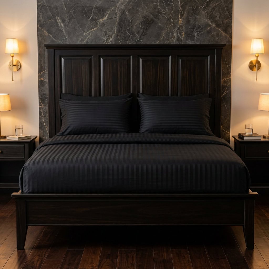 Black cotton fitted bedsheet with 2 pillow covers on a king size bed