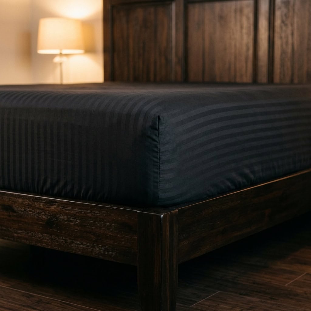 Black fitted sheet with elastic sides around a mattress corner