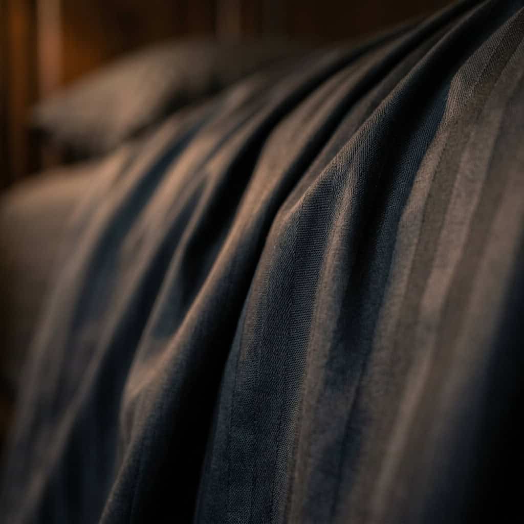 Close-up of black cotton bedsheet fabric with a subtle stripe weave