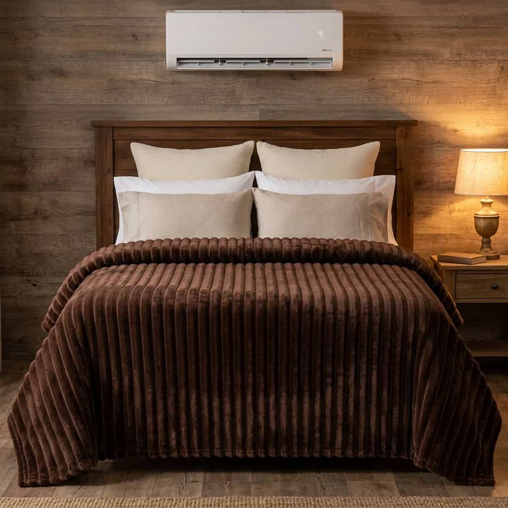 Brown ribbed fleece AC blanket covering a double bed, 200 x 240 cm