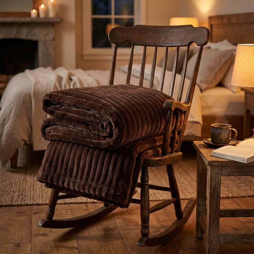 Brown ribbed fleece AC blanket folded on a rocking chair