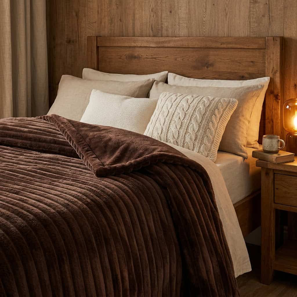 Brown AC blanket turned back on a made bed, showing its soft ribs