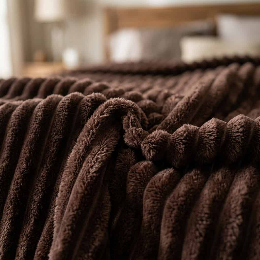 Close-up of the ribbed fleece texture of a brown AC blanket