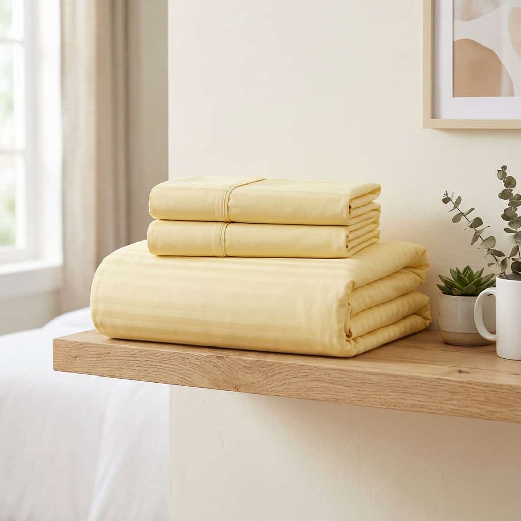 Folded butter yellow bedsheet set: fitted sheet and 2 pillow covers